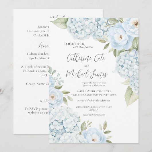 Budget Blue Hydrangea Elegant Floral Wedding  招待状 (正面/裏面)