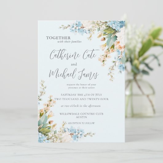 Budget Blue Hydrangea Floral Elegant Wedding 招待状 (スタンド正面)