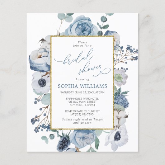 Budget Blue Rose Flowers Bridal Shower Invitation (正面)