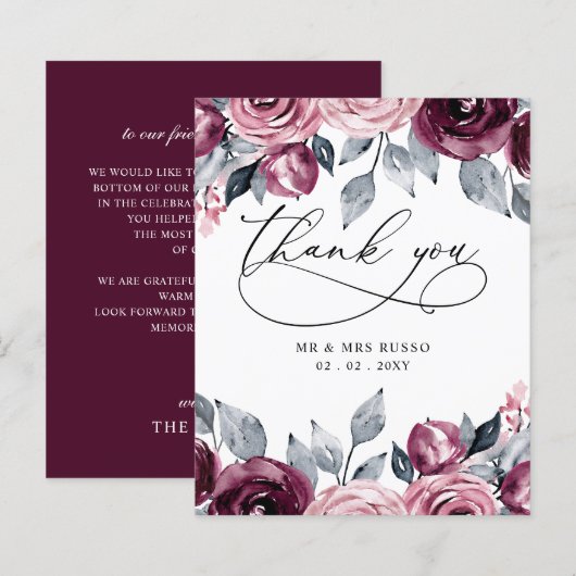 Budget Blush Burgundy Wedding Thank You Card (正面/裏面)