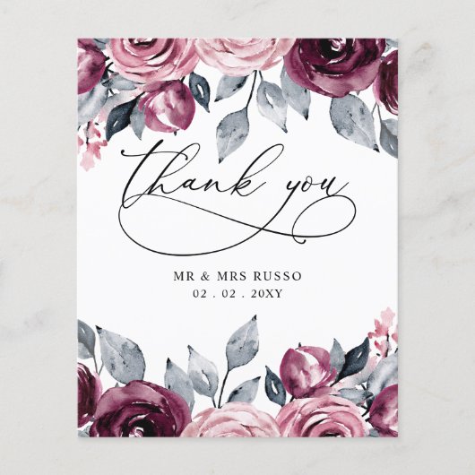 Budget Blush Burgundy Wedding Thank You Card (正面)