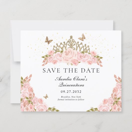 BUDGET Blush Pink Floral Gold Tiara Quinceanera (正面)