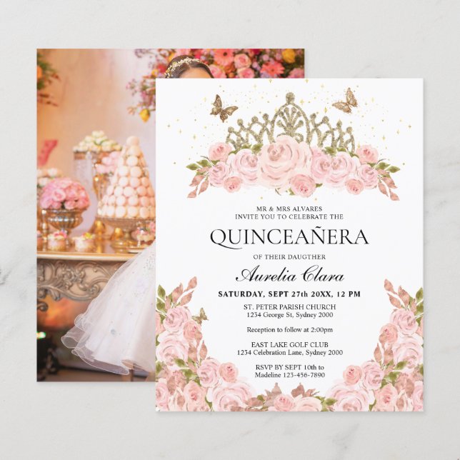 BUDGET Blush Pink Floral Tiara Photo Quinceanera (正面/裏面)
