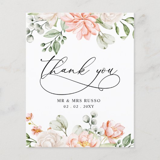 Budget Blush Pink Floral Wedding Thank You Card (正面)