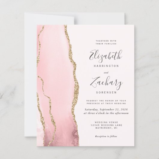 Budget Blush Pink Gold Agate Wedding Invitation (正面)