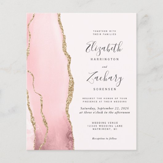Budget Blush Pink Gold Agate Wedding Invitation (正面)