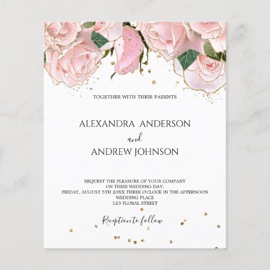Budget Blush Pink Gold Floral Wedding Invitation (正面)