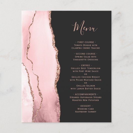 Budget Blush Rose Gold Agate Dark Wedding Menu (正面)