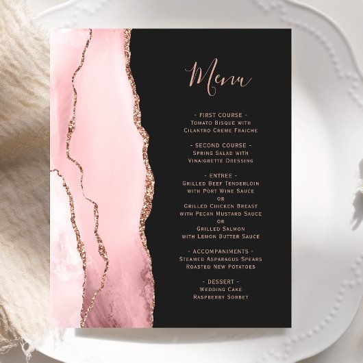 Budget Blush Rose Gold Agate Dark Wedding Menu