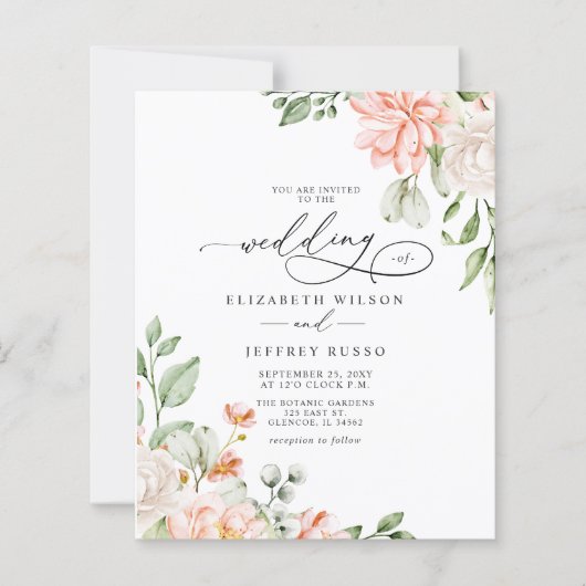 Budget Blush White Floral Wedding Invitations (正面)