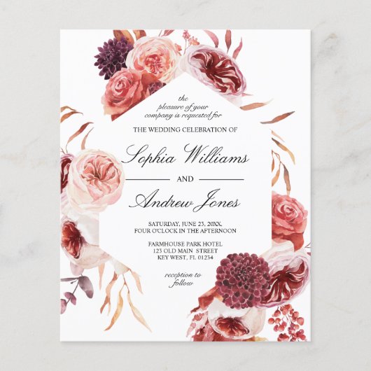 Budget Bohemian Marsala Rose Wedding Invitation (正面)