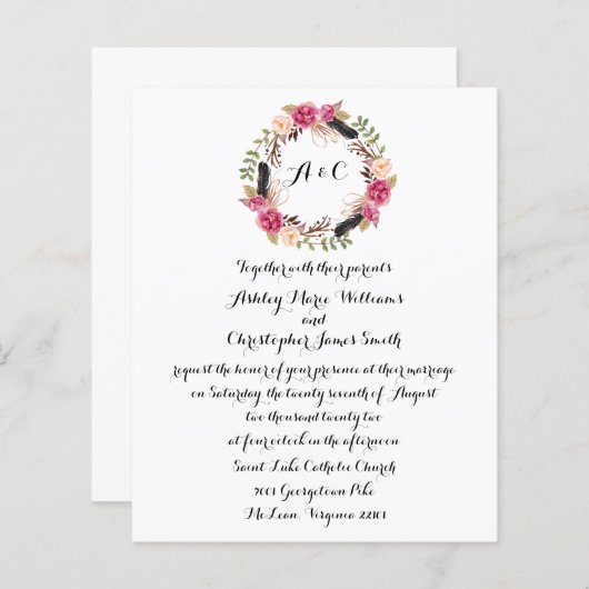 Budget Boho Floral Wedding Invitation Greenery (正面/裏面)