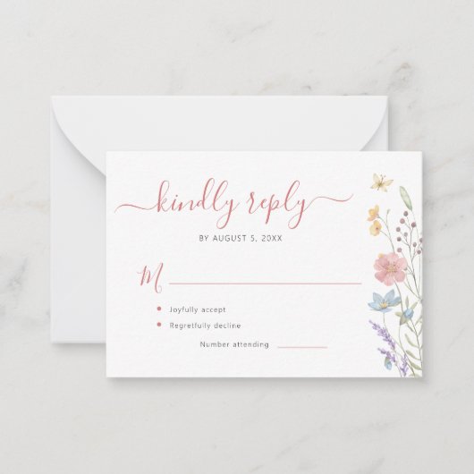 Budget boho wildflower wedding RSVP ノートカード (正面)