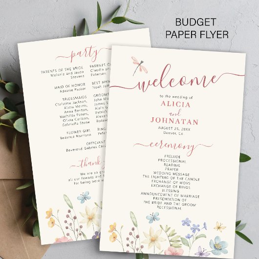 Budget boho wildflowers wedding program チラシ