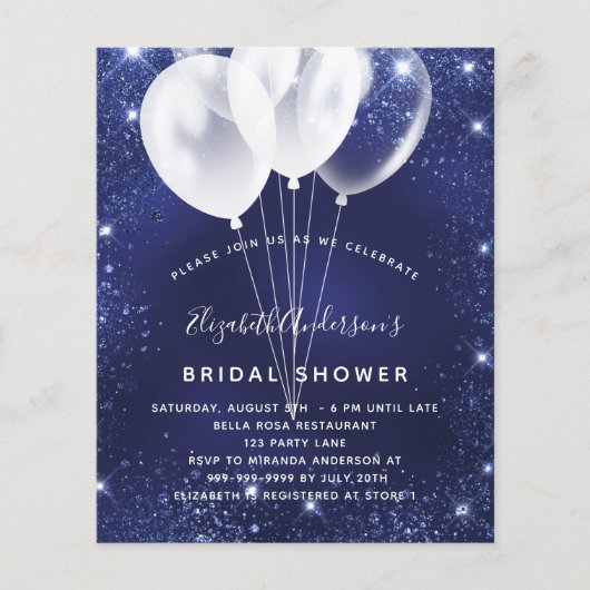 Budget Bridal Shower navy blue balloon invitation (正面)