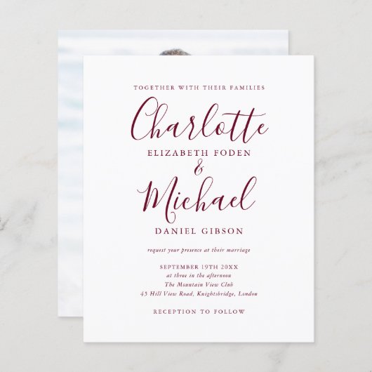 Budget Burgundyスクリプトフォト結婚式招待状 (正面/裏面)