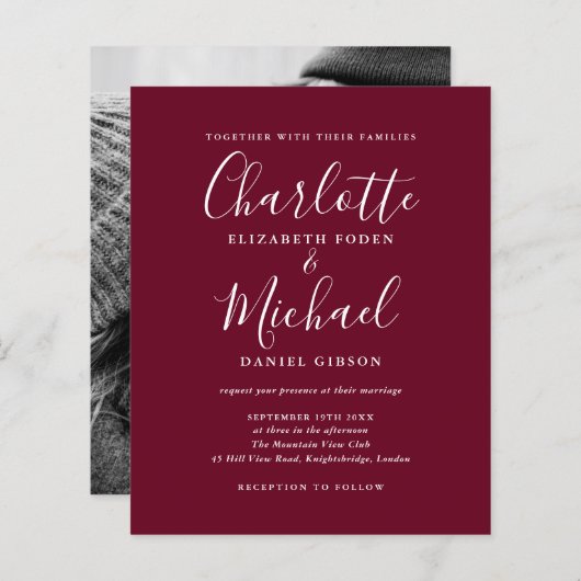 Budget Burgundyスクリプトフォト結婚式招待状 (正面/裏面)