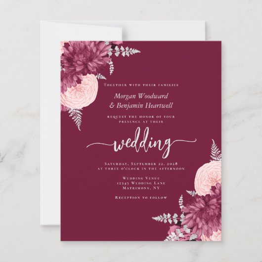Budget Burgundy Blush Floral QR Code Wedding (正面)