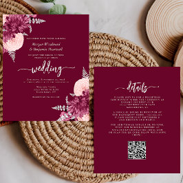 Budget Burgundy Blush Floral QR Code Wedding