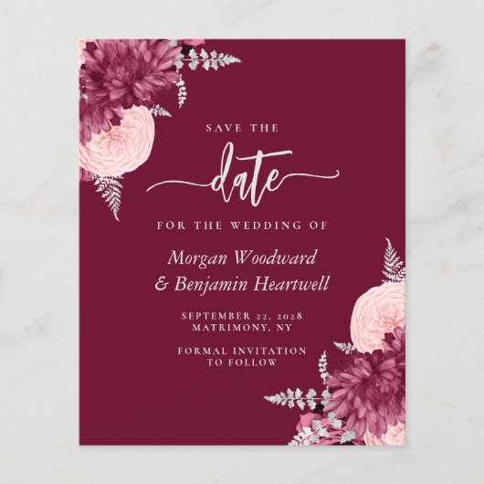 Budget Burgundy Blush Floral Wedding Save the Date (正面)