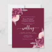 Budget Burgundy Blush Silver Floral Wedding Invite (正面)
