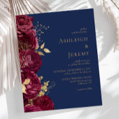 Budget Burgundy Floral Navy Blue Wedding Invite