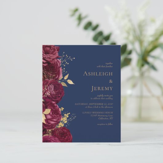 Budget Burgundy Floral Navy Blue Wedding Invite (スタンド正面)