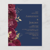 Budget Burgundy Floral Navy Blue Wedding Invite (正面)