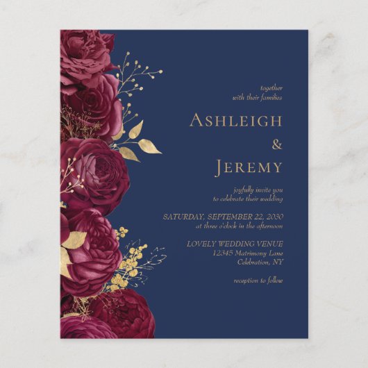Budget Burgundy Floral Navy Blue Wedding Invite (正面)