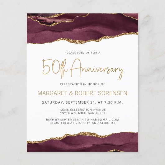 Budget Burgundy Gold Agate 50th Anniversary Invite (正面)