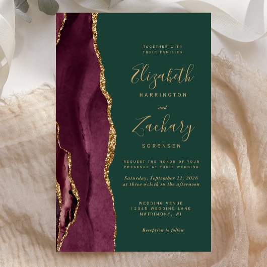 Budget Burgundy Gold Agate Green Wedding Invite
