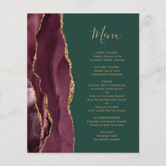 Budget Burgundy Gold Agate Green Wedding Menu (正面)