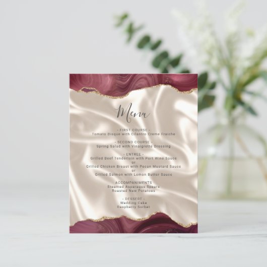 Budget Burgundy Gold Agate Silk Wedding Menu (スタンド正面)