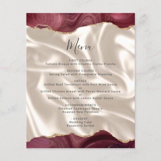Budget Burgundy Gold Agate Silk Wedding Menu (正面)