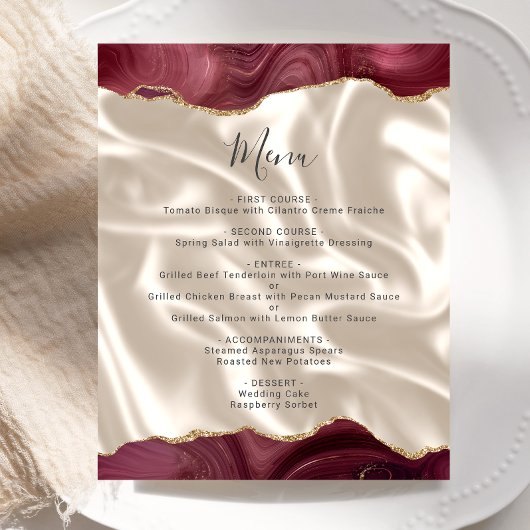 Budget Burgundy Gold Agate Silk Wedding Menu
