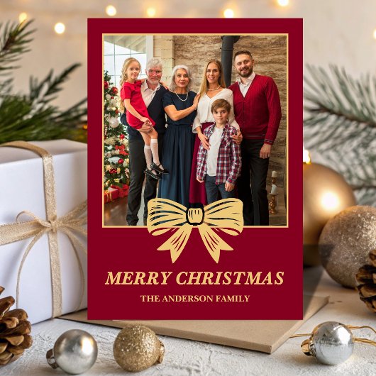 Budget Burgundy & Gold Bow Family Christmas Photo シーズンカード