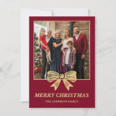 Budget Burgundy & Gold Bow Family Christmas Photo シーズンカード (正面)