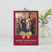 Budget Burgundy & Gold Bow Family Christmas Photo シーズンカード (スタンド正面)