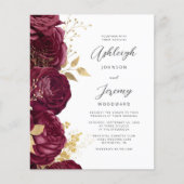 Budget Burgundy Gold Floral Script Wedding Invite (正面)