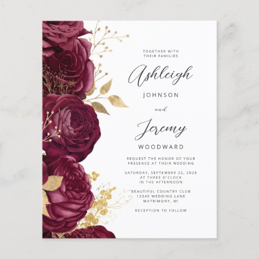 Budget Burgundy Gold Floral Script Wedding Invite (正面)