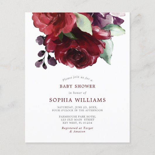 Budget Burgundy Red Rose Baby Shower Invitation (正面)
