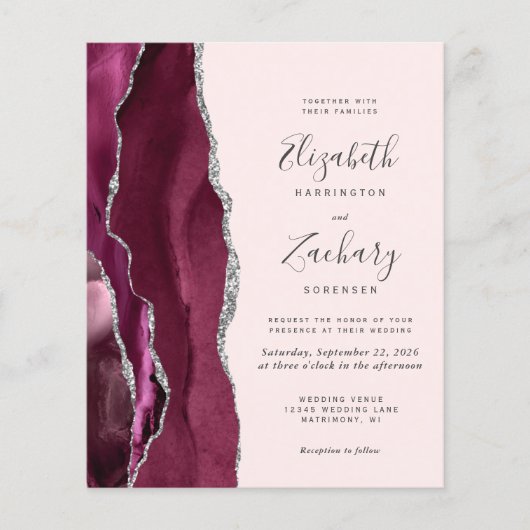 Budget Burgundy Silver Agate Blush Wedding Invite (正面)