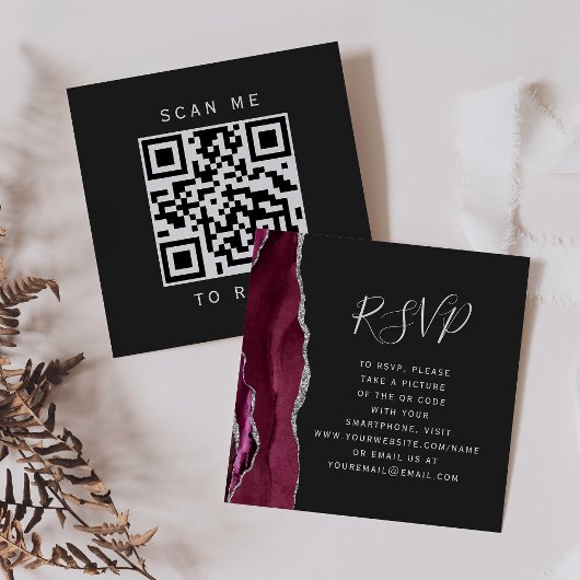 Budget Burgundy Silver Agate Dark QR Code RSVP エンクロージャーカード