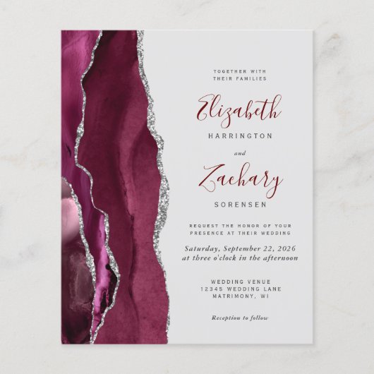 Budget Burgundy Silver Agate Gray Wedding Invite (正面)