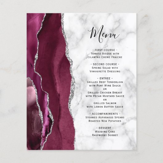Budget Burgundy Silver Agate Marble Wedding Menu (正面)