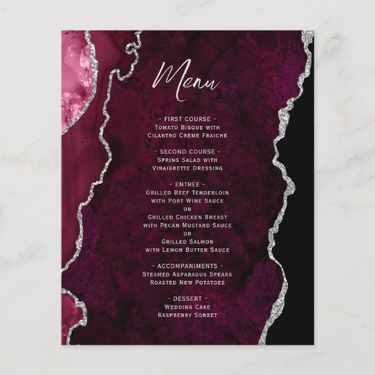 Budget Burgundy Silver Agate Wedding Menu (正面)