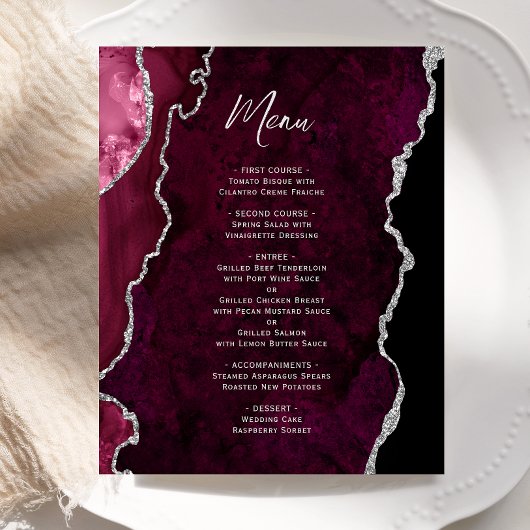 Budget Burgundy Silver Agate Wedding Menu