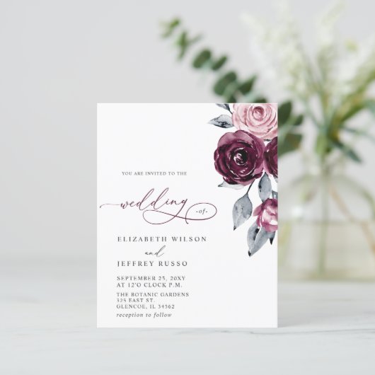 Budget Burgundy White Floral Wedding Invitations (スタンド正面)