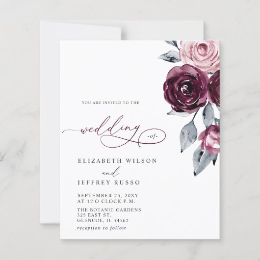 Budget Burgundy White Floral Wedding Invitations (正面)