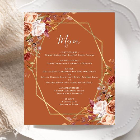 Budget Burnt Orange Fall Floral Wedding Menu